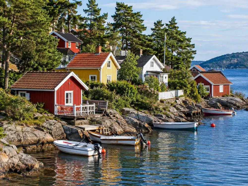 Kleine bunte Sommerhäuser, dicht an dicht am flachen Ufer von Lindøya, rot, gelb und weiß zwischen Kiefern, mit kleinen Ruderbooten am Wasser.